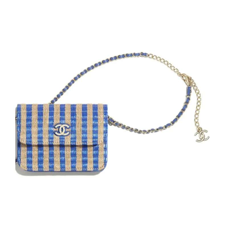 CHANEL Fiber & Yellow Jute Thread & Metal Shoulder Bag, Crossbody Bag, Fanny Pack Trumpets Women's Blue/Beige-3
