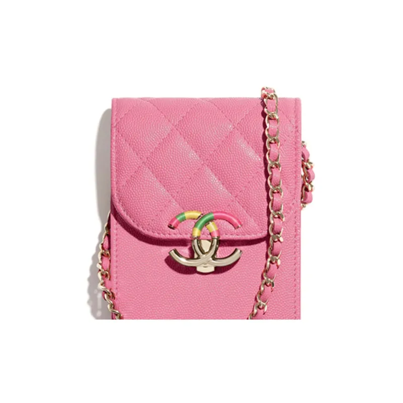 CHANEL Grain Embossed Calfskin Cell Phone Pouch Women's Pink-4