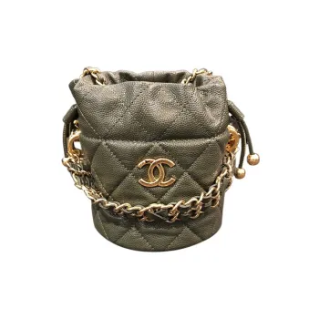 CHANEL 22K Autumn And Winter Grain Embossed Calfskin Bucket Bag, One Shoulder Crossbody Clutch Women's Olive Green