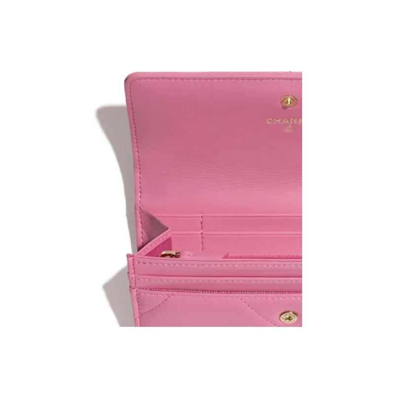 CHANEL Lambskin And Metal Flap Wallet Women's Pink-4