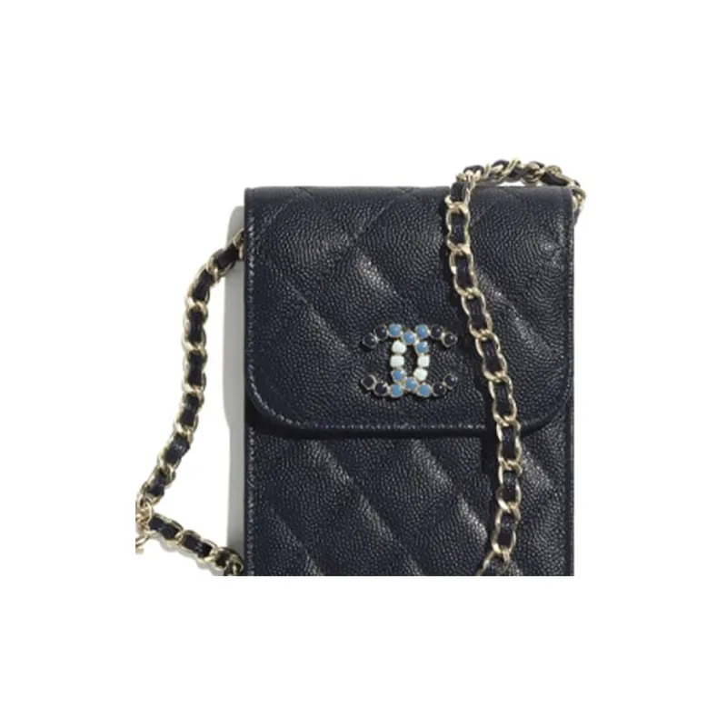 CHANEL Embossed Calfskin And Metal AIRPODS Headphone Case With Cell Phone Pouch Women's Dark Blue-4