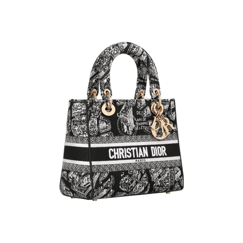 DIOR Lady D Lite Embroidery Lady Dior Bag, Shoulder Bag, Crossbody Bag, Handbag Medium Size Women's Black-1