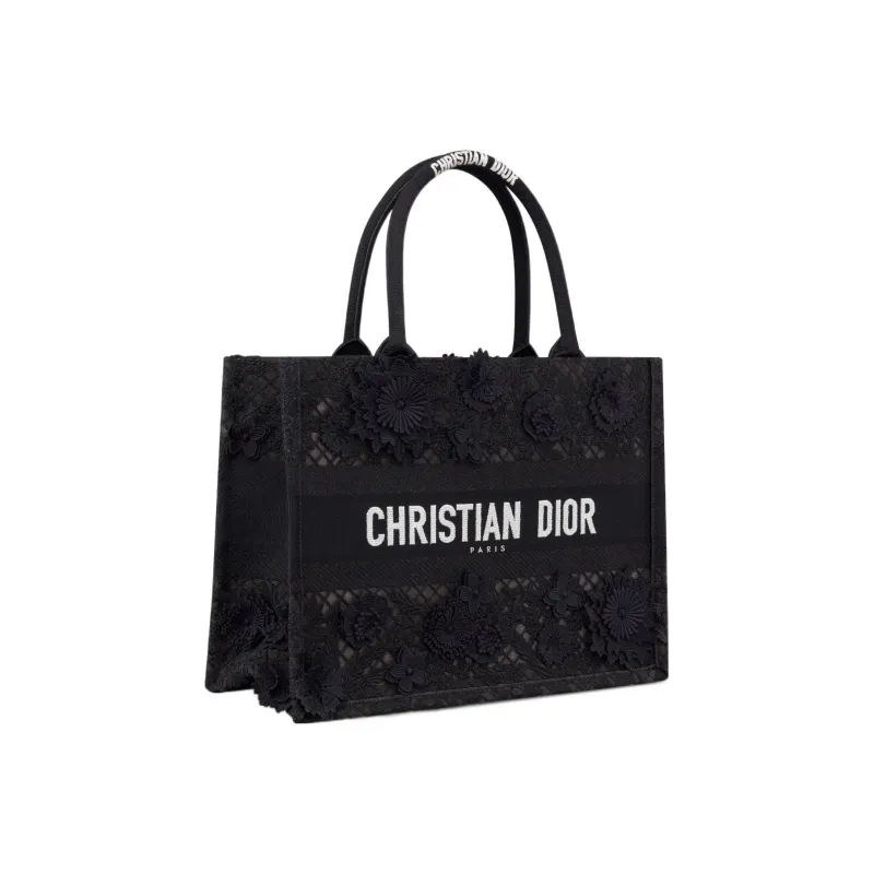 DIOR BookTote Lace Embroidery Tote Bag Shopping Bag Handbag Medium Size Women's Black-1