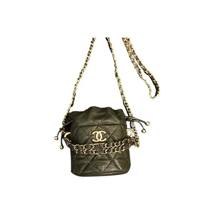 CHANEL 22K Autumn And Winter Grain Embossed Calfskin Bucket Bag, One Shoulder Crossbody Clutch Women's Olive Green-3