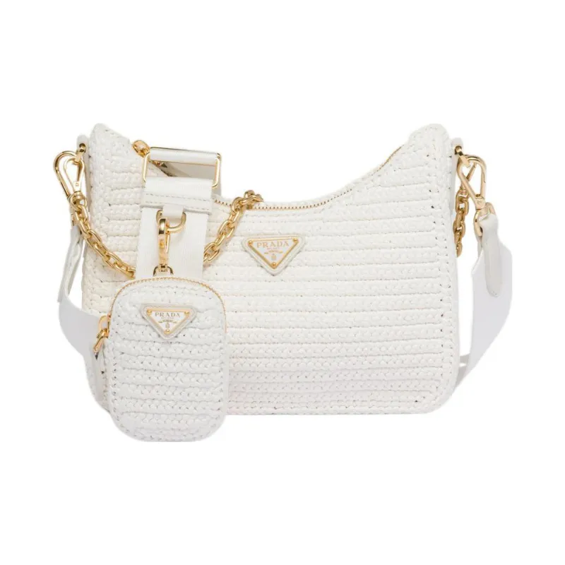 PRADA Re-Edition Natural Raffia Fiber With Leather Detail 3-in-1 Shoulder Bag Crossbody Bag Handbag Women's White-0