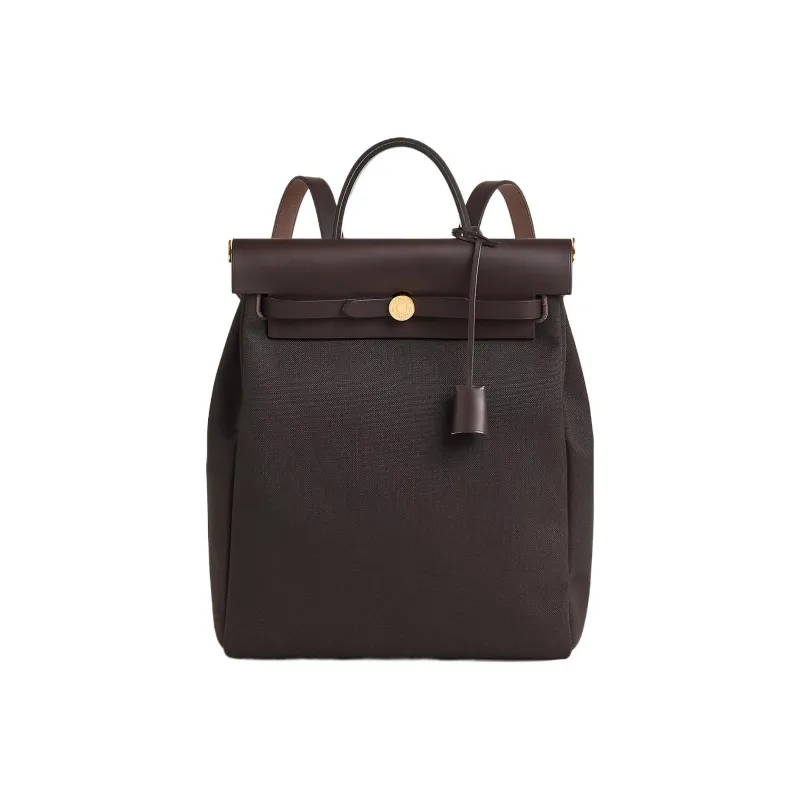 HERMES Herbag Zip Canvas With Leather Handbag Backpack Unisex Ebony-0