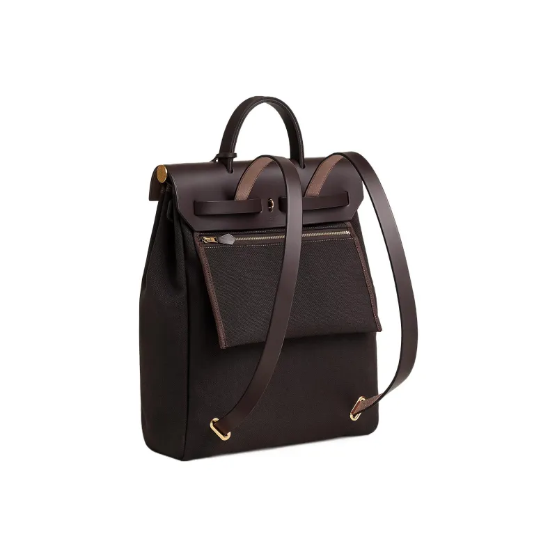 HERMES Herbag Zip Canvas With Leather Handbag Backpack Unisex Ebony-2