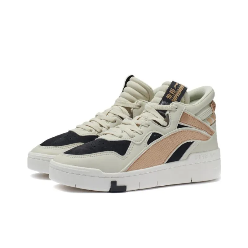LiNing Wave Suprewave Mid Anti Slip Wear Resistant High Top Skateboard Shoes Women's White Black Gold-2