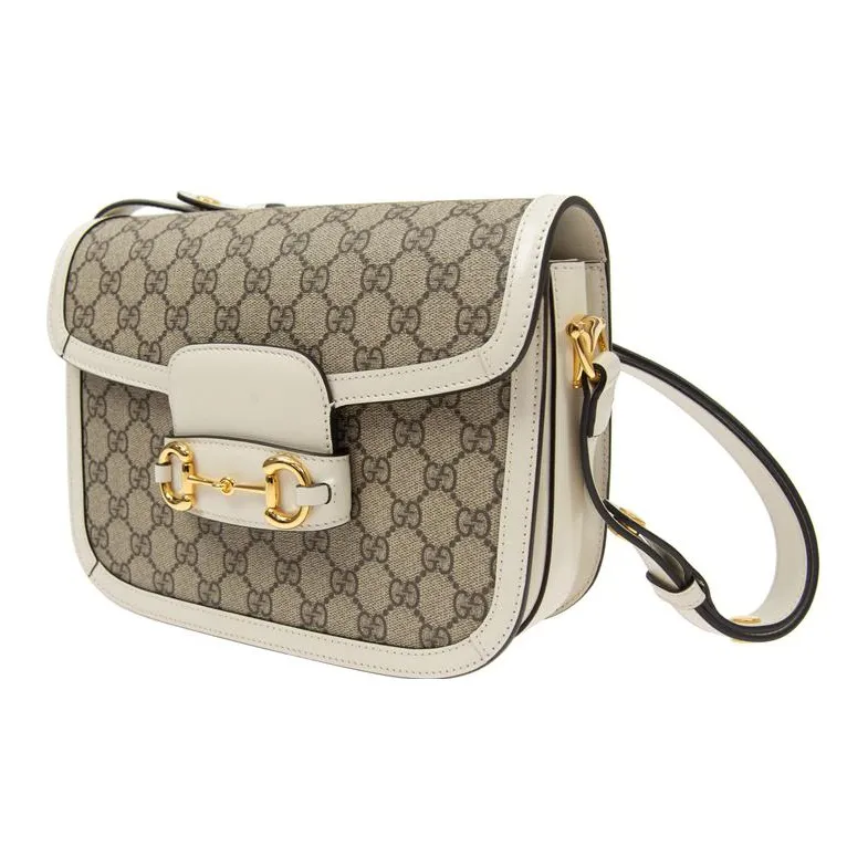 GUCCI Horsebit 1955 Canvas With Leather Canvas Bag Saddle Bag Crossbody Bag Shoulder Bag Women's Ebony & White-2