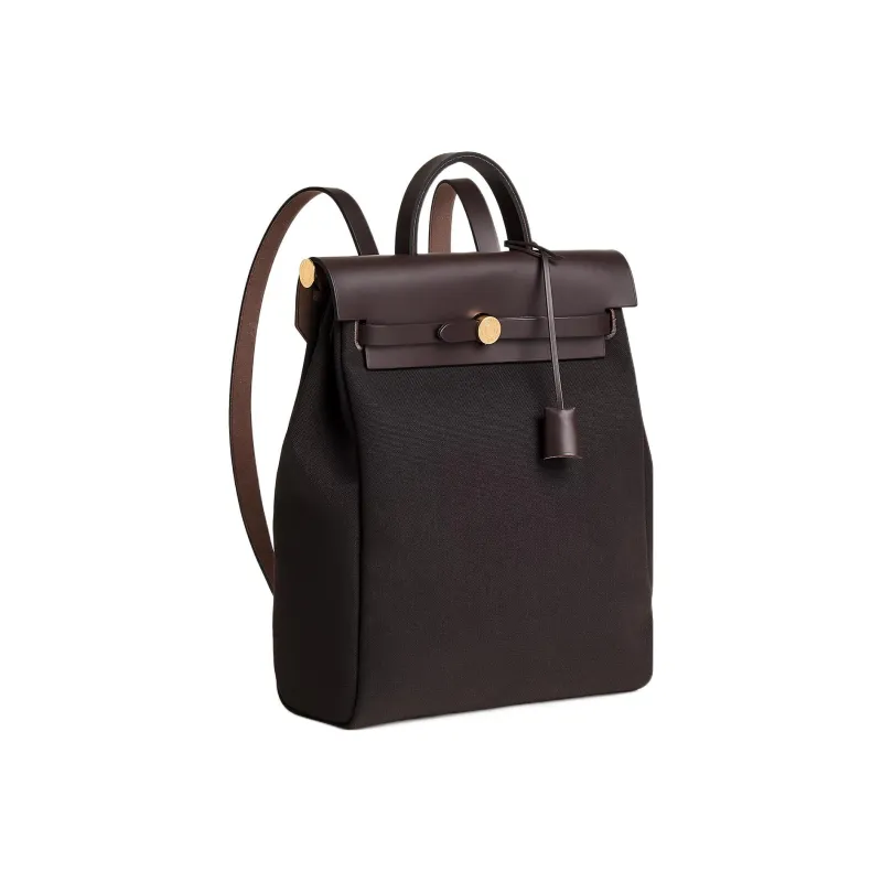 HERMES Herbag Zip Canvas With Leather Handbag Backpack Unisex Ebony-1