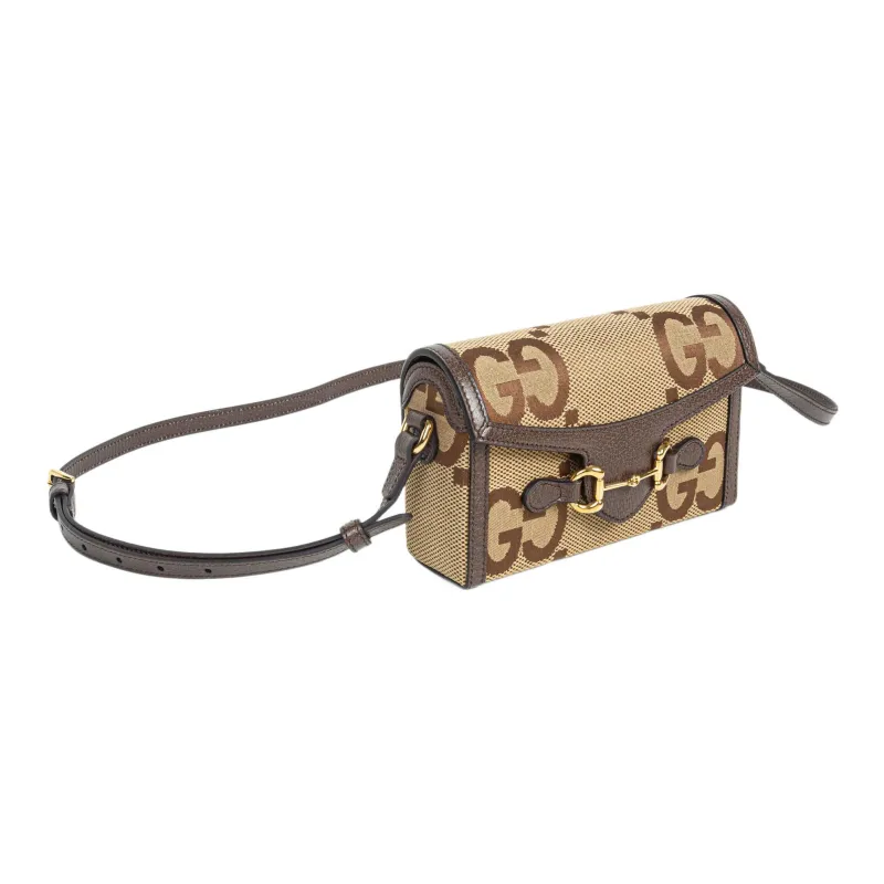 GUCCI Horsebit 1955 Canvas With Leather Binding Box Bag Shoulder Bag Crossbody Bag Mini Unisex Camel/Ebony-2