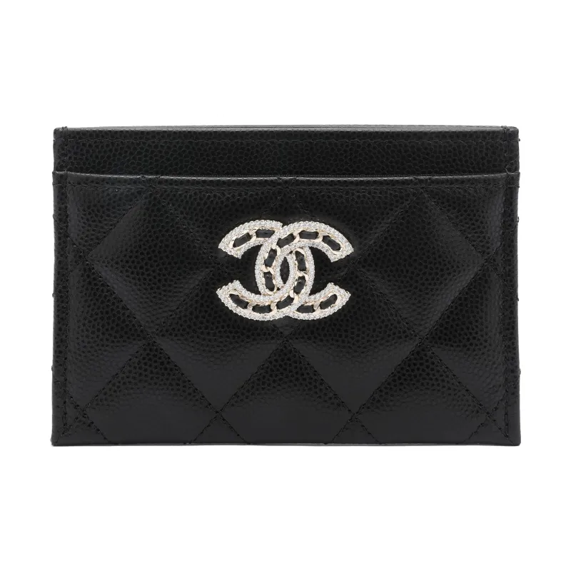 CHANEL 22SS Grain Embossed Caviar Cow Leather Card Holder Women's Black-0