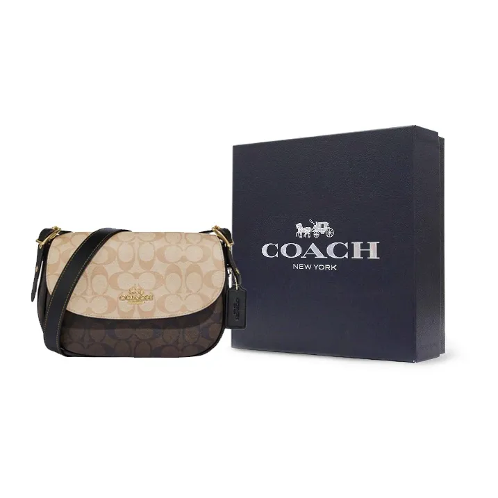 COACH Macie Artificial Leather Saddle Bag, Crossbody Bag, Shoulder Bag Medium Size Women's Light Khaki & Brown-6