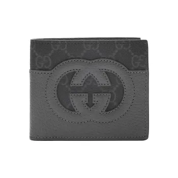 GUCCI Canvas With Leather Wallet Men's Gray & Black
