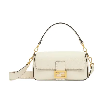 FENDI Baguette Calfskin Portable Crossbody Bag, Shoulder Bag Medium Size Women's Camellia White