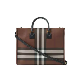 Burberry Plaid With Calfskin Patchwork Tote Bag Shopping Bag Handbag Women's Dark Birch Brown