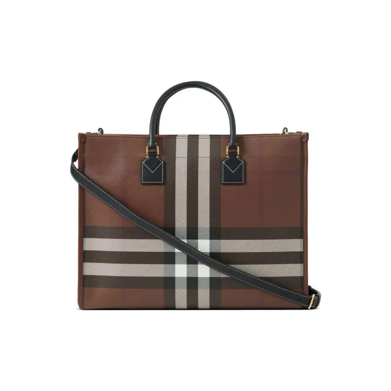 Burberry Plaid With Calfskin Tote Bag, Shopping Bag, Handbag Women's Dark Birch Brown-0