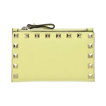 Valentino Rockstud Calfskin Wallet Coin Purses Card Holders Regular Women's Yellow
