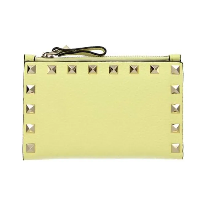 Valentino Rockstud Calfskin Wallet Coin Purses Card Holders Regular Women's Yellow-0
