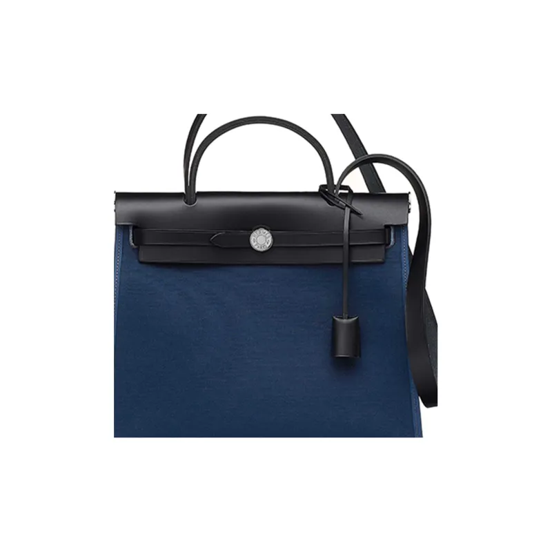 HERMES Herbag Canvas With Hunter Cow Leather Handbag Shoulder Bag Crossbody Bag Women's Malta Blue/Black-4