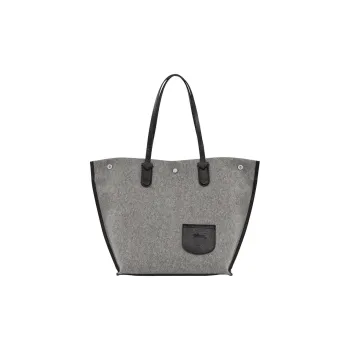 LONGCHAMP Roseau Essential Wool Blend With Large Cow Leather Trim Shopping Bag One Shoulder Handbag Women's Gray