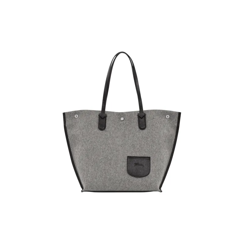 LONGCHAMP Roseau Essential Wool Blend With Large Cow Leather Trim Shopping Bag One Shoulder Handbag Women's Gray-0