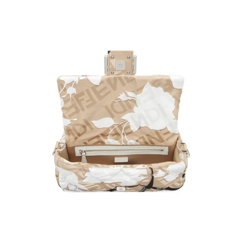 FENDI Baguette Mulberry Silk Portable Crossbody Bag, Shoulder Bag Medium Size Women's White/Beige-3