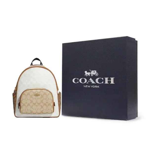 COACH Court Canvas With Leather And Pebbled Leather Backpack Tubas Women's White Khaki Brown-5