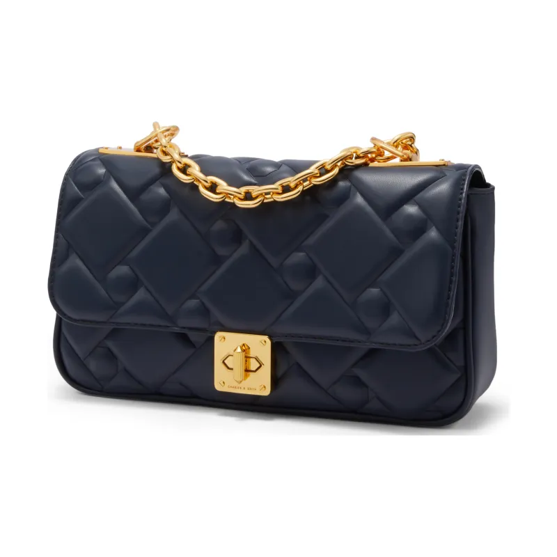 CHARLES&KEITH Fabric Small Square Bag Shoulder Bag Medium Size Women's Cream Milk White/Navy Blue/Green-1