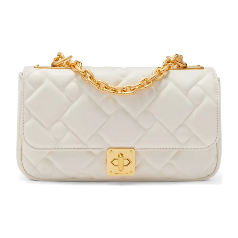 CHARLES&KEITH Fabric Small Square Bag Shoulder Bag Medium Size Women's Cream Milk White/Navy Blue/Green-4