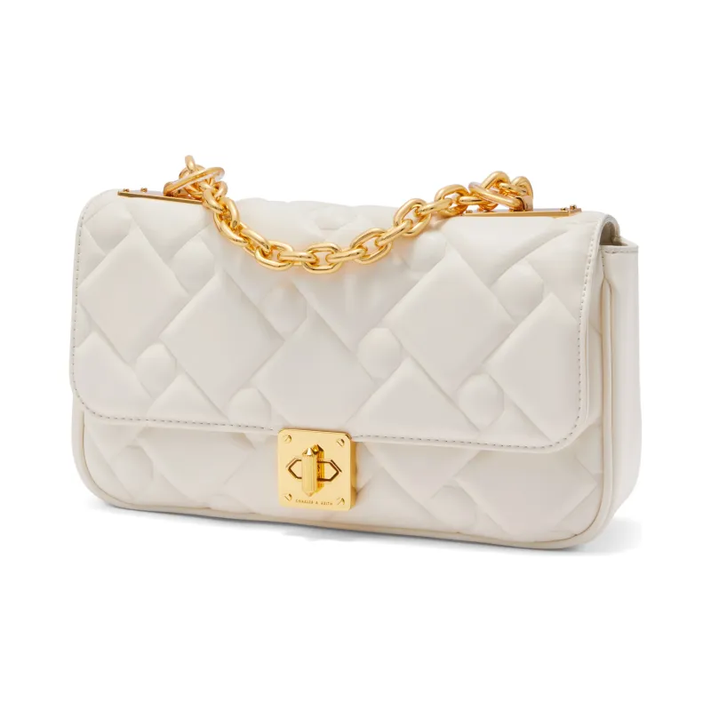 CHARLES&KEITH Fabric Small Square Bag Shoulder Bag Medium Size Women's Cream Milk White/Navy Blue/Green-5