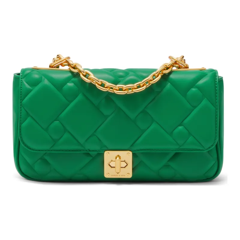 CHARLES&KEITH Fabric Small Square Bag Shoulder Bag Medium Size Women's Cream Milk White/Navy Blue/Green-8