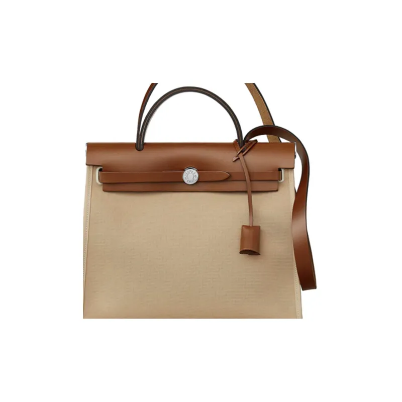 HERMES Herbag Zip Canvas With Hunter Cow Leather Handbag Shoulder Bag Crossbody Bag Regular Unisex Tawny-4