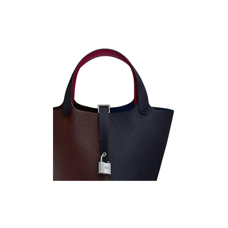 HERMES Picotin Lock Little Bull Leather Bucket Bag Handbag Women's Midnight Blue & Saddle Equipment Red & Raspberry Red-3