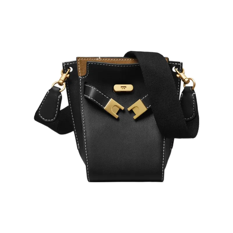 TORY BURCH Lee Radziwill Leather With Suede Trim Bucket Bag, Shoulder Bag, Crossbody Bag Small Size Women's Black-1
