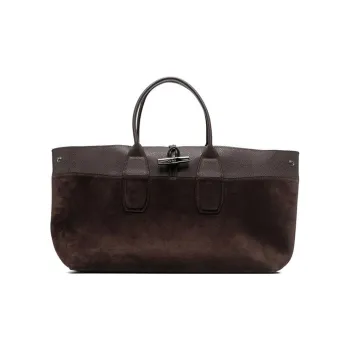 LONGCHAMP Roseau Cow Leather With Split Nubuck Big Bag One Shoulder Handbag Large Size Women's Ebony Brown