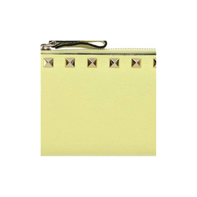 Valentino Rockstud Calfskin Wallet Coin Purses Card Holders Regular Women's Yellow-1
