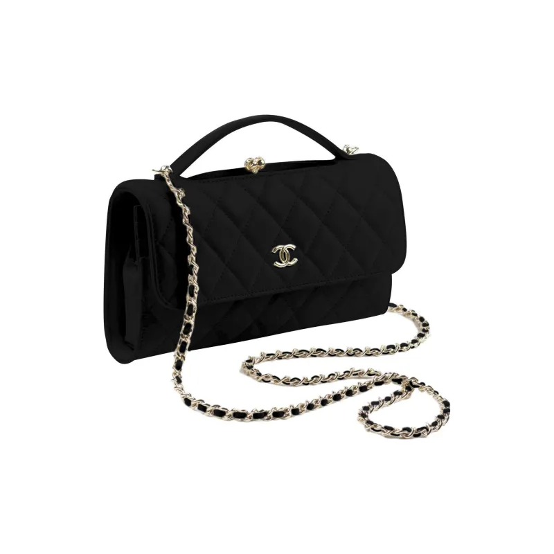 CHANEL Shiny Calfskin With Gold Metal Cell Phone Pouch, Shoulder Bag, Crossbody Bag Women's Black-1