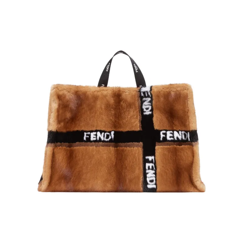 FENDI Mink Fur Tote Bag Shopping Bag Handbag Large Size Women's Brown-2