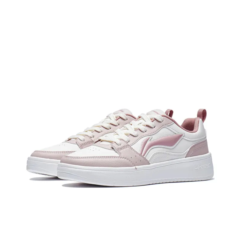 LiNing Ingots Slip Resistant Cushioning Wear Resistant Height Increasing Low Top Skateboard Shoes Women's White Pink-2