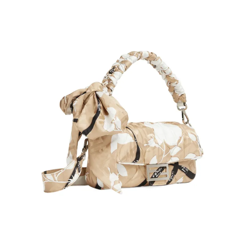 FENDI Baguette Mulberry Silk Portable Crossbody Bag, Shoulder Bag Medium Size Women's White/Beige-1