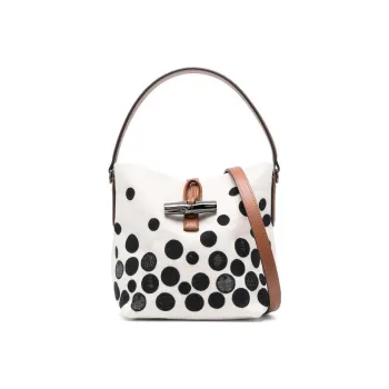 LONGCHAMP Roseau Essential Cow Leather Bucket Bag Handbag Shoulder Bag Crossbody Bag Small Size Women's White & Black