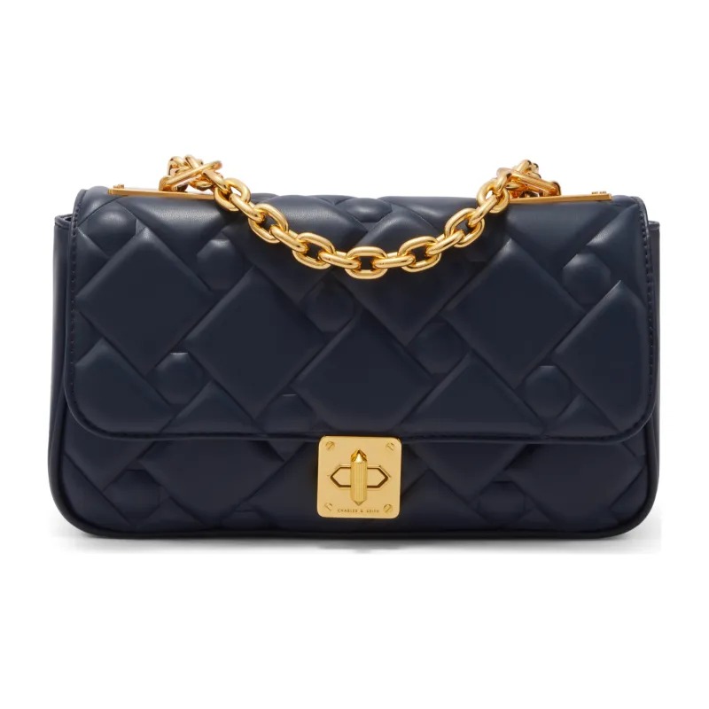 CHARLES&KEITH Fabric Small Square Bag Shoulder Bag Medium Size Women's Cream Milk White/Navy Blue/Green-0