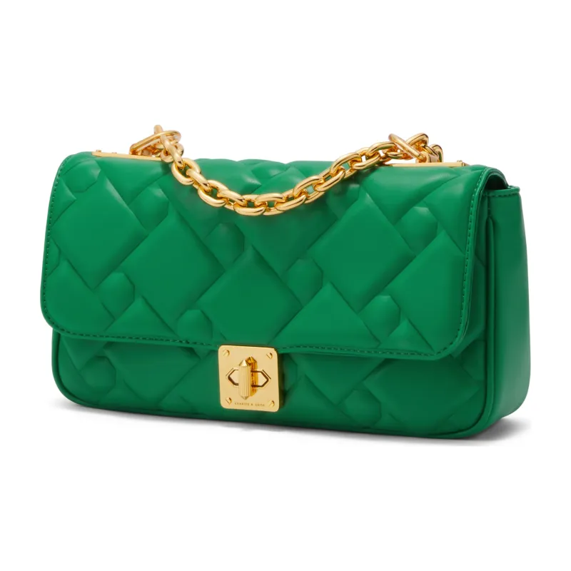 CHARLES&KEITH Fabric Small Square Bag Shoulder Bag Medium Size Women's Cream Milk White/Navy Blue/Green-9