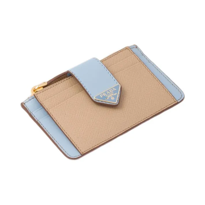 PRADA Saffiano Leather Card Holder Women's Sand/Light Blue-2
