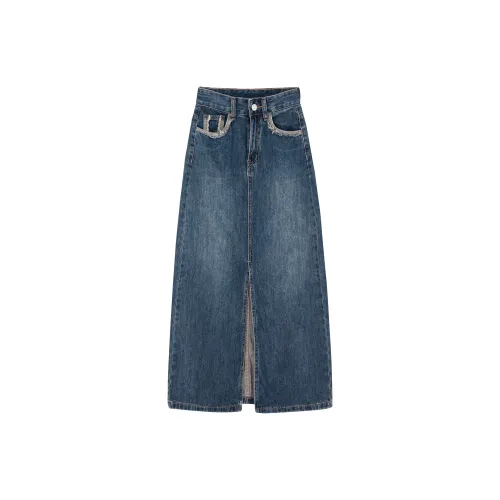 QYPRF Denim Long Skirts Women's Vintage Blue