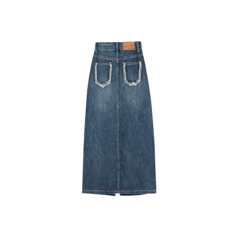 QYPRF Denim Long Skirts Women's Vintage Blue-1
