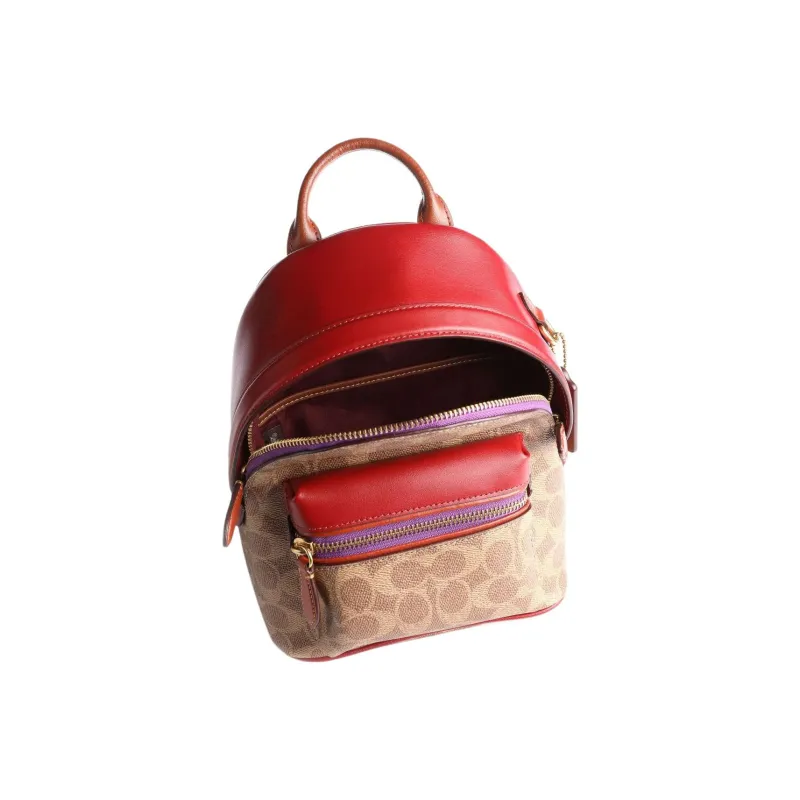 COACH Charter Canvas With Leather Backpack Small Size Women's Brown & Red-2