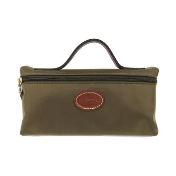 LONGCHAMP Canvas Short Handle Clutch Makeup Bag Women's Olive