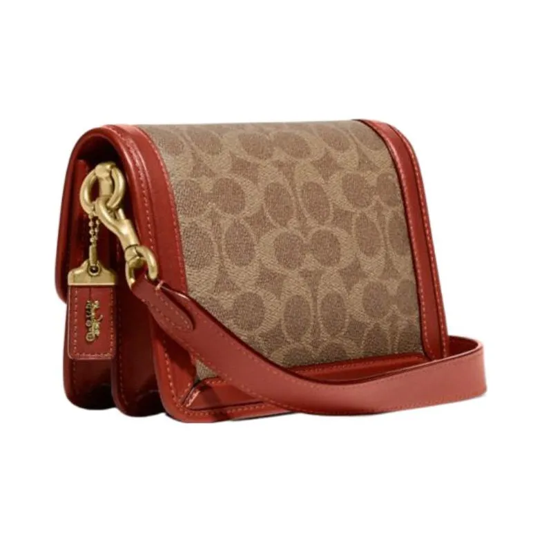 COACH Hero Coated Canvas With Calfskin Handbag, Shoulder Bag, Crossbody Bag Trumpets Women's Brown & Orange Red-1